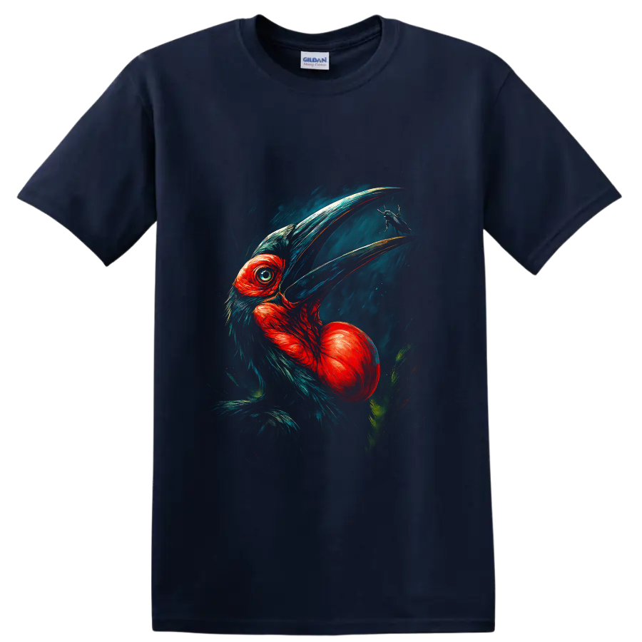 Painterly hornbill portrait with sweeping bill, red-orange feathers, teal plumage, and on a Navy (Blue) T Shirt