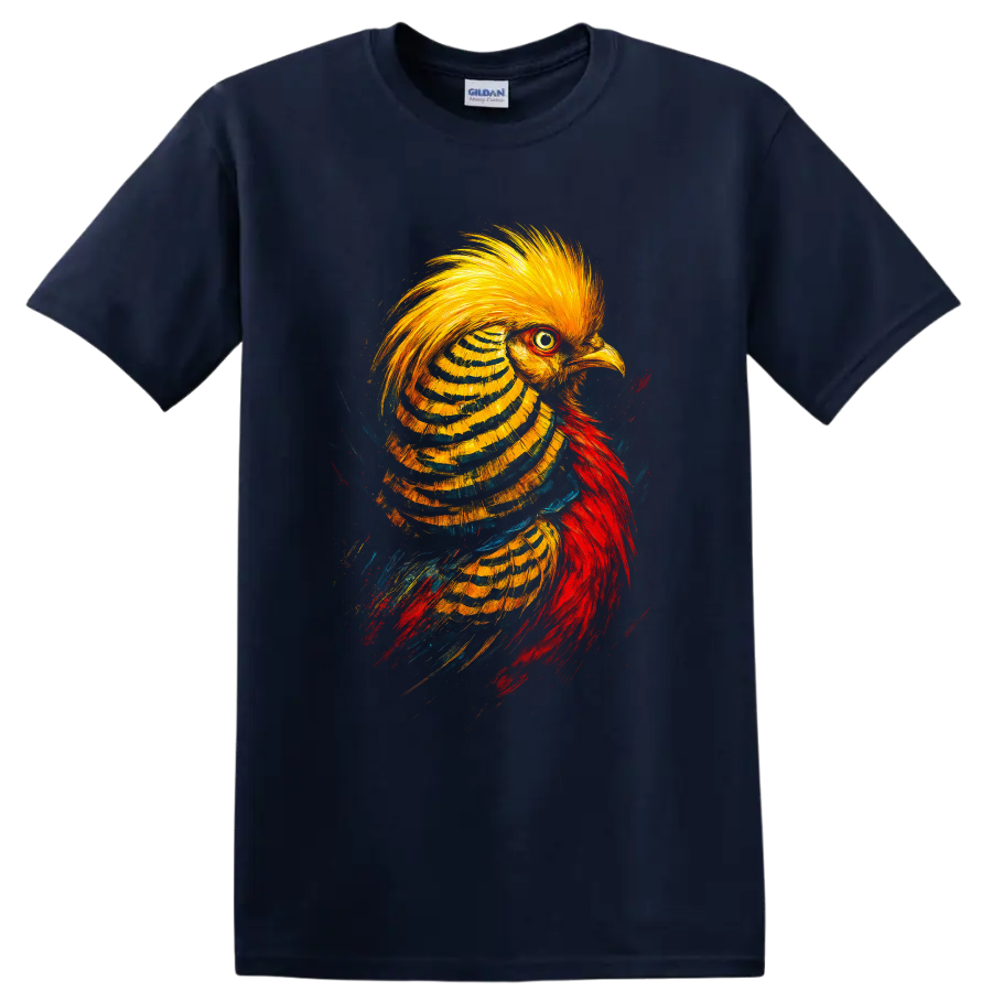 Vibrant painterly golden pheasant portrait with golden crest and red plumage on a Navy (Blue) T Shirt