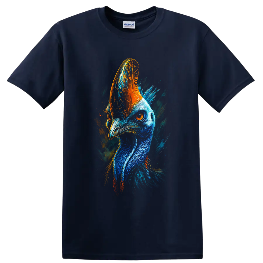 Vibrant blue and orange cassowary portrait in expressive painterly wildlife art on a Navy (Blue) T Shirt