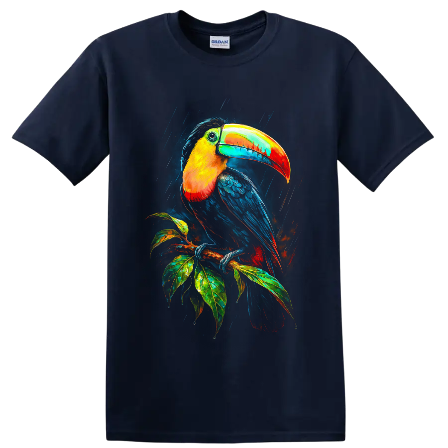 Colorful modern toucan illustration perched on a leafy tropical branch in rain on a Navy (Blue) T Shirt