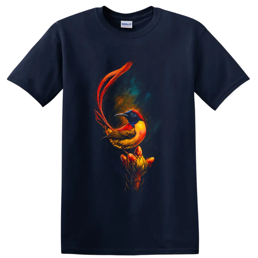 Vibrant painterly sunbird with red tail feathers perched above a dramatic flower on a Navy (Blue) T Shirt