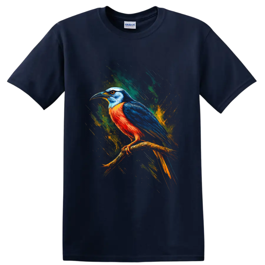 Colorful kingfisher perched on a branch in dynamic modern paint-splash art on a Navy (Blue) T Shirt