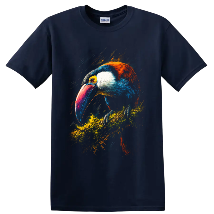 Vibrant painterly toucan perched on a mossy branch with a colorful oversized bill on a Navy (Blue) T Shirt