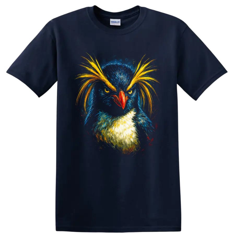 Colorful painterly macaroni penguin portrait with golden crest plumes on a Navy (Blue) T Shirt