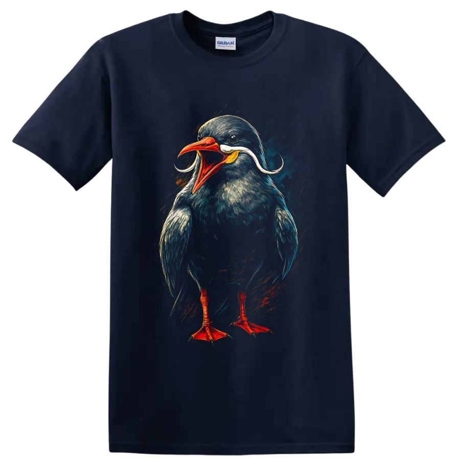 Dynamic painted Inca tern portrait with curled white plumes and red-orange beak on a Navy (Blue) T Shirt