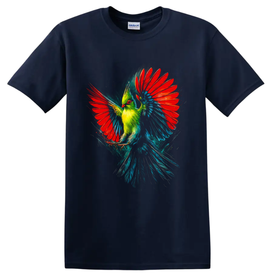 Painterly turaco in flight with vivid red wings, green crest, and teal-blue feathers on a Navy (Blue) T Shirt