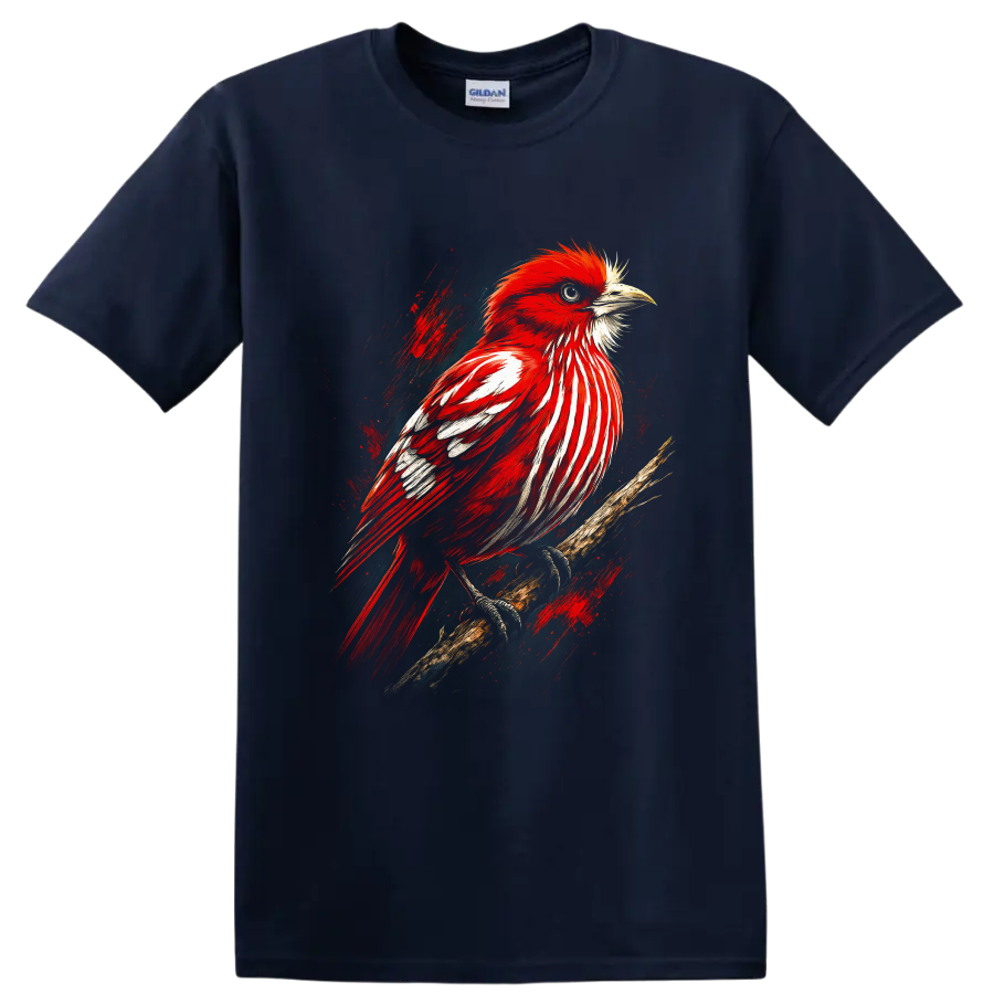 Red cardinal perched on a branch in dramatic painterly wildlife art on a Navy (Blue) T Shirt