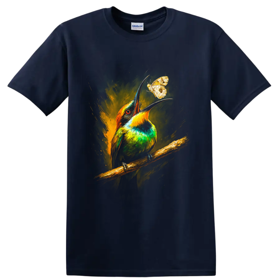 Colorful bee-eater bird reaching toward a butterfly in painterly wildlife art on a Navy (Blue) T Shirt