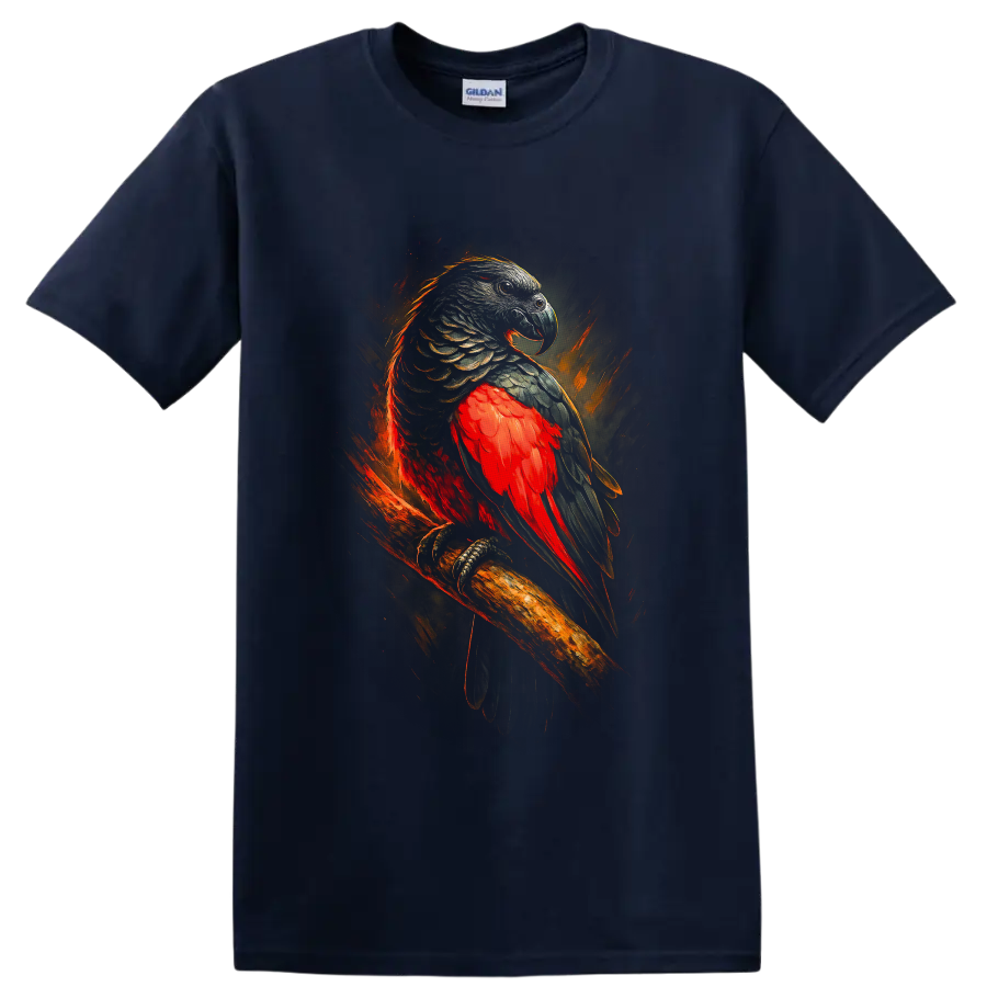 Dramatic Pesquet's parrot artwork with red plumage, dark feathers, and fiery brushstrokes on a Navy (Blue) T Shirt