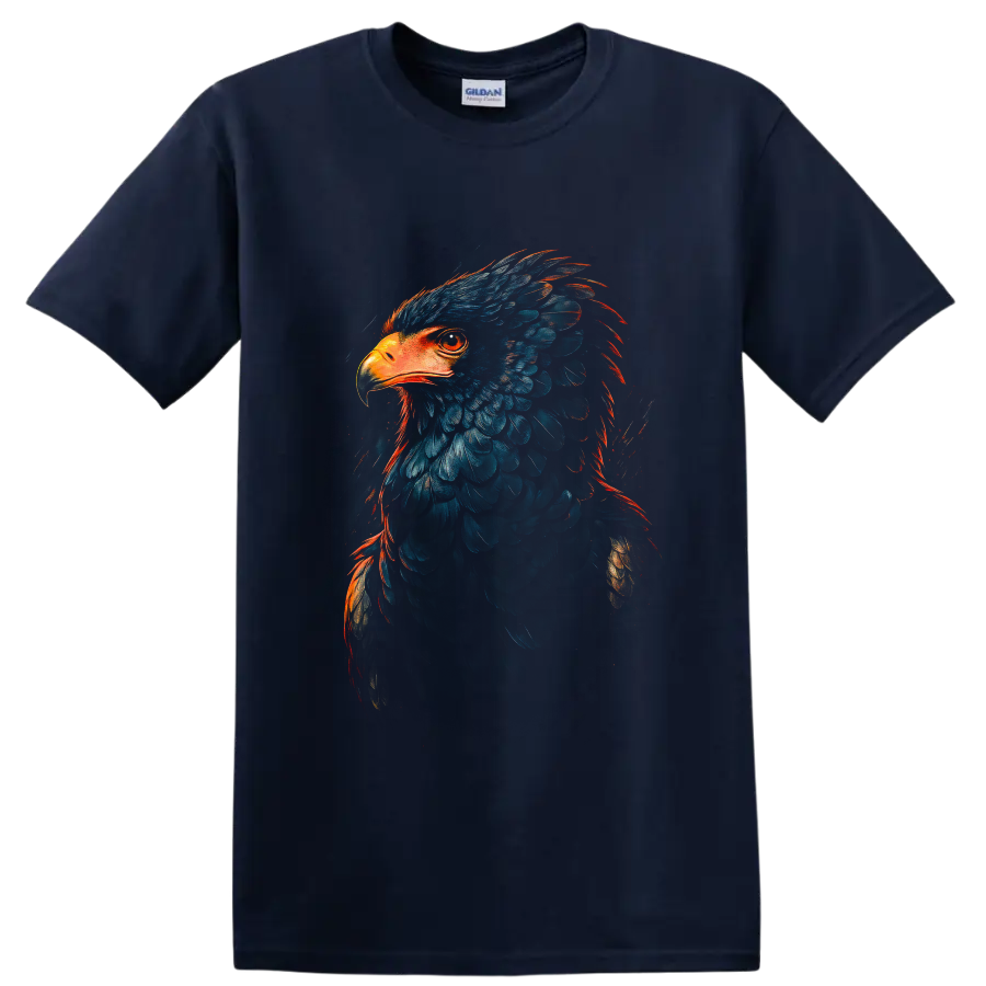 Bald eagle portrait in dramatic blue feathers with fiery orange painterly accents on a Navy (Blue) T Shirt