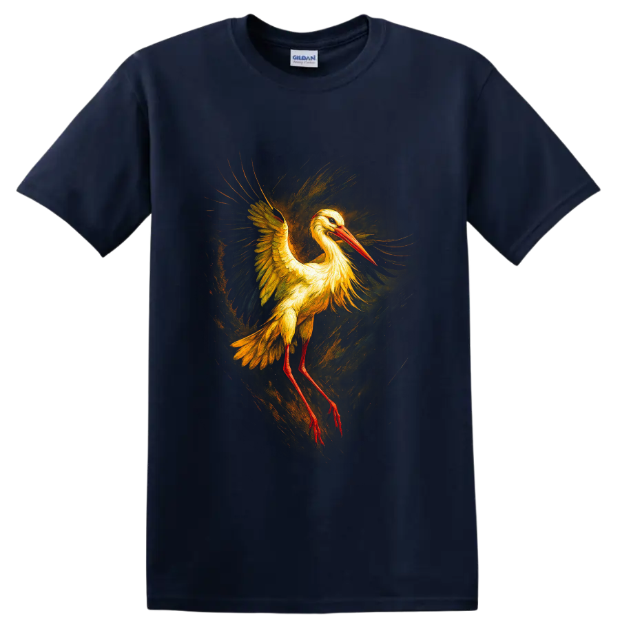 Painterly white stork in flight with golden wings, red bill, and swirling brushwork on a Navy (Blue) T Shirt