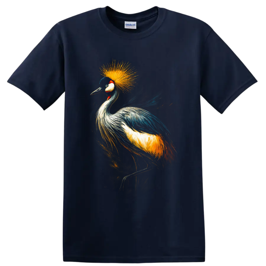 Painterly grey crowned crane portrait with a radiant golden feather crown on a Navy (Blue) T Shirt