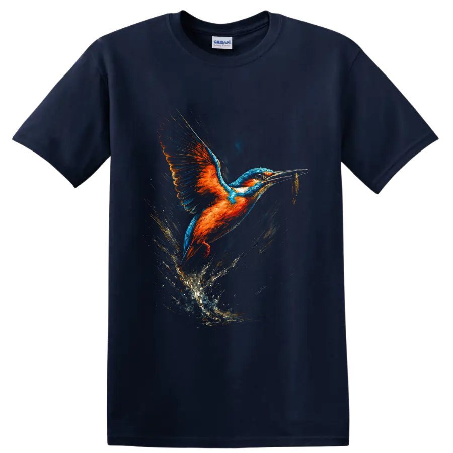 Colorful painterly kingfisher flying with a fish above a dramatic water splash on a Navy (Blue) T Shirt