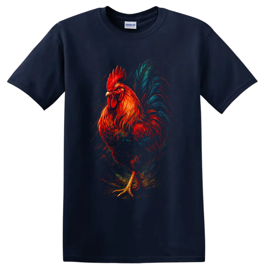 Modern painted rooster with red-orange feathers and sweeping teal-blue tail on a Navy (Blue) T Shirt