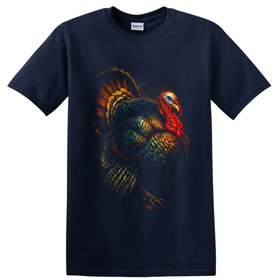 Colorful painterly turkey with fanned tail feathers and glowing orange teal plumage on a Navy (Blue) T Shirt