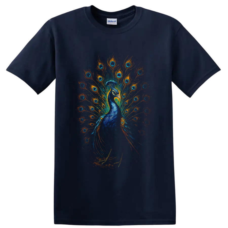 Vibrant blue peacock with orange and teal feather fan wildlife art on a Navy (Blue) T Shirt