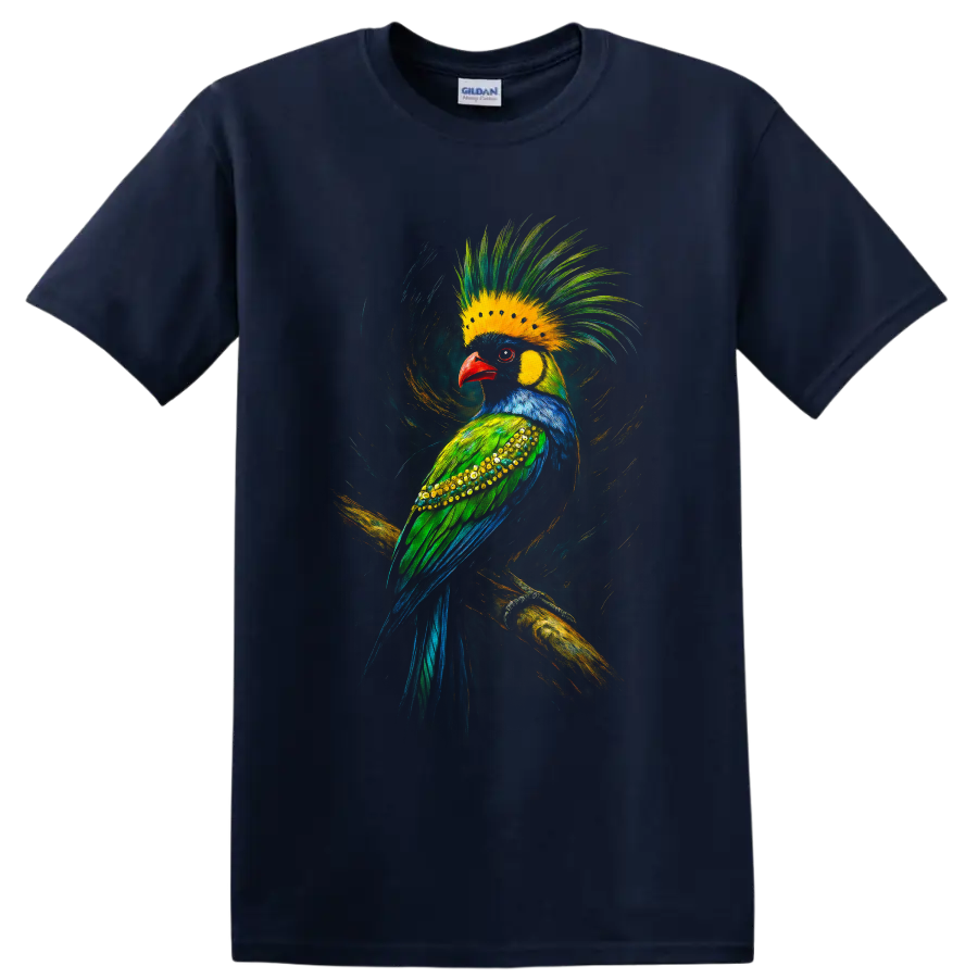 Colorful crested tropical bird in dynamic painted wildlife art perched on a branch on a Navy (Blue) T Shirt