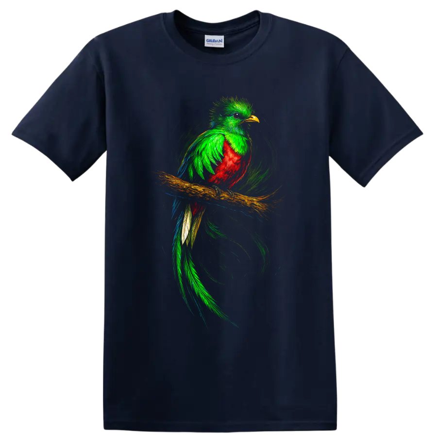 Vibrant quetzal perched on a branch with flowing tail and swirling brushstroke art on a Navy (Blue) T Shirt