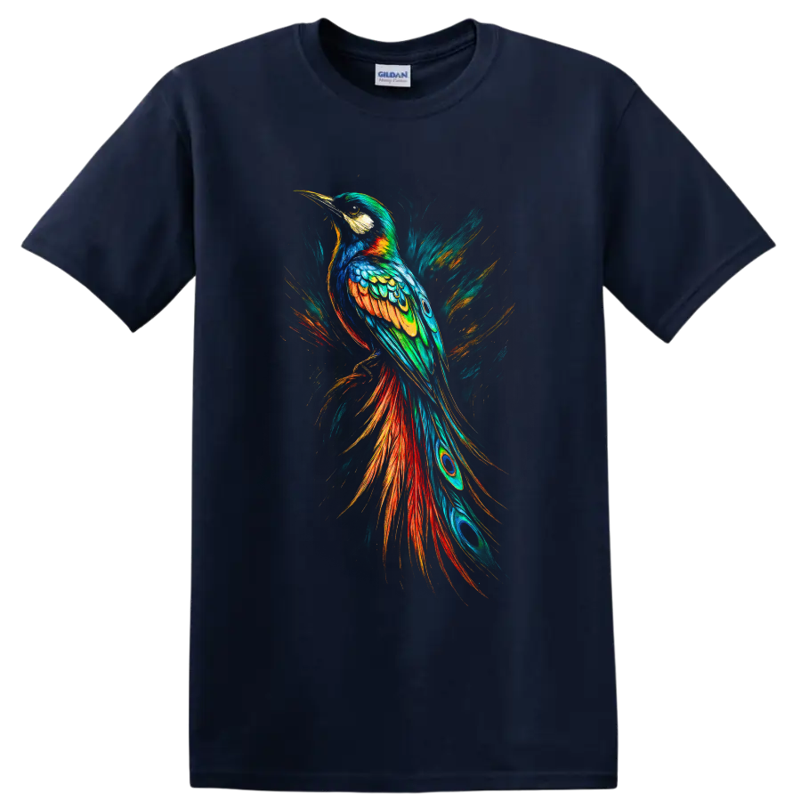 Colorful hornbill in dynamic painterly tropical bird art with flowing feathered tail on a Navy (Blue) T Shirt