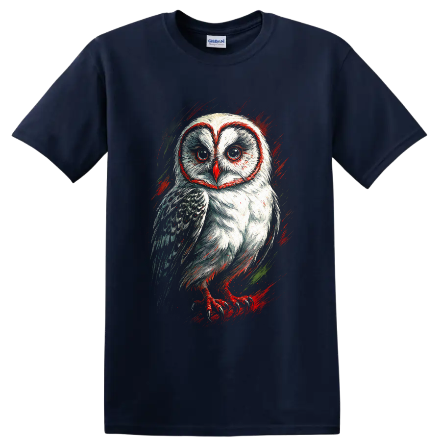 Stylized barn owl portrait in dynamic red and green sketch art on a Navy (Blue) T Shirt