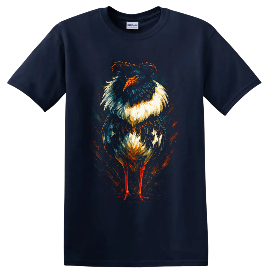Dramatic painterly secretary bird portrait with teal, cream, and orange feather details on a Navy (Blue) T Shirt