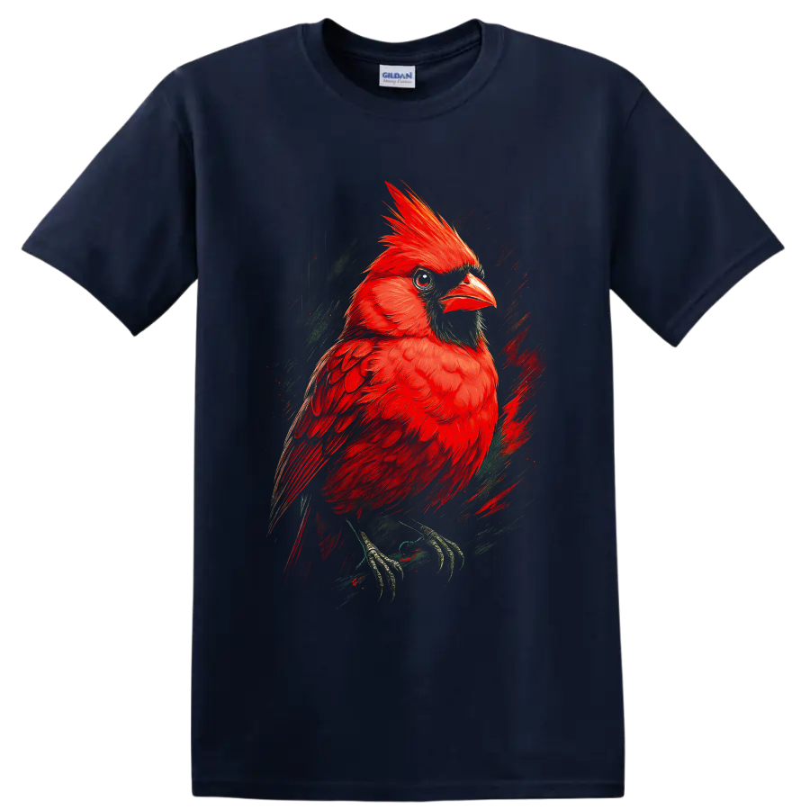 Vibrant red cardinal portrait in painterly brush-stroke wildlife art on a Navy (Blue) T Shirt