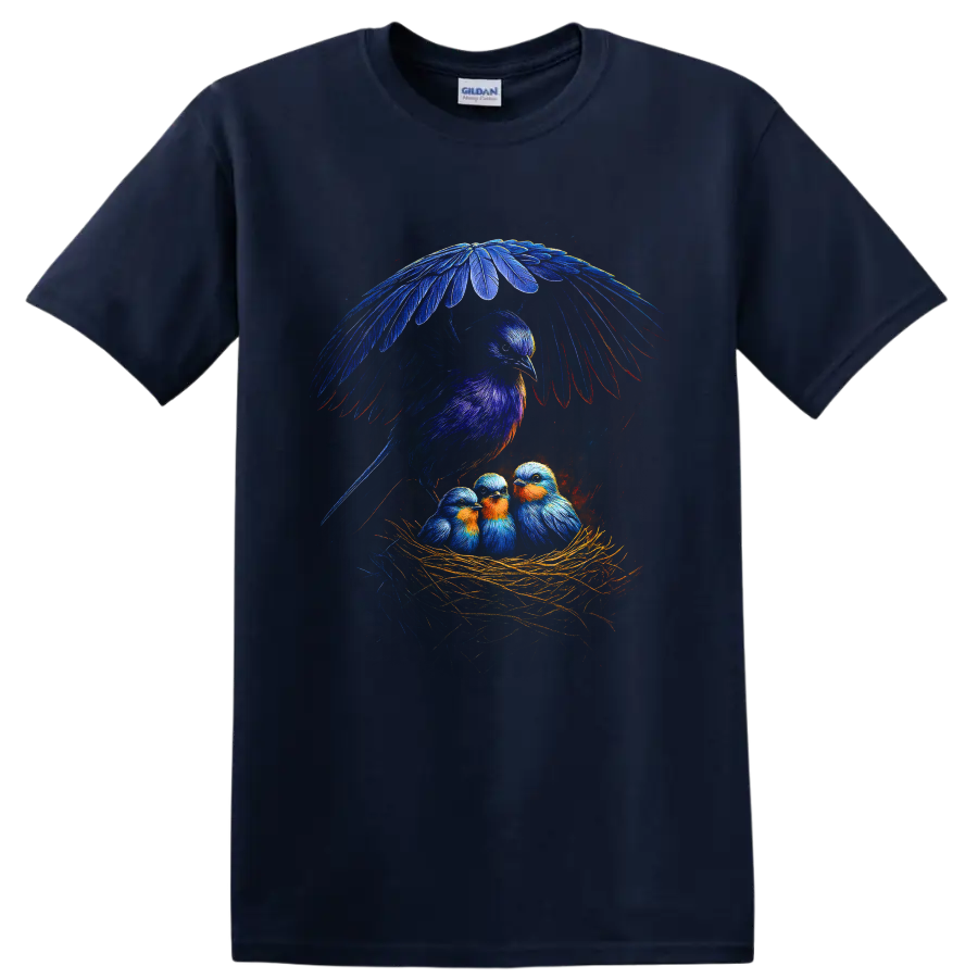 Colorful bluebird parent sheltering three nestlings in a straw nest wildlife illustration on a Navy (Blue) T Shirt