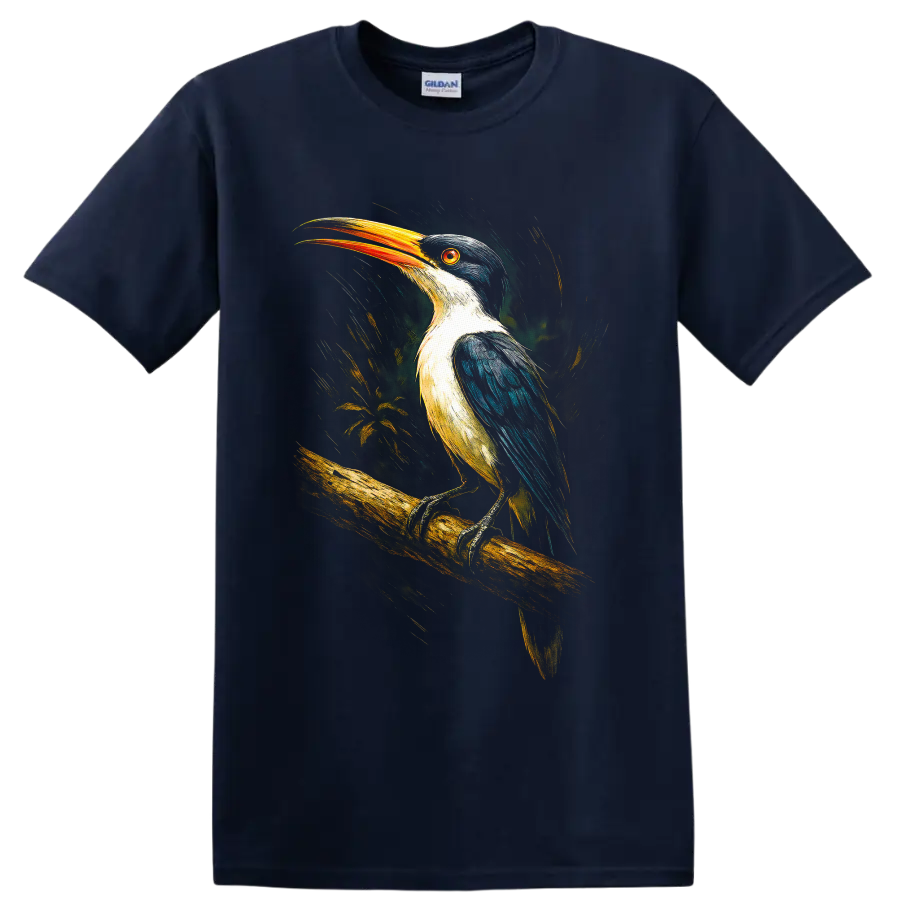 Colorful painterly kingfisher perched on a branch with an orange bill on a Navy (Blue) T Shirt