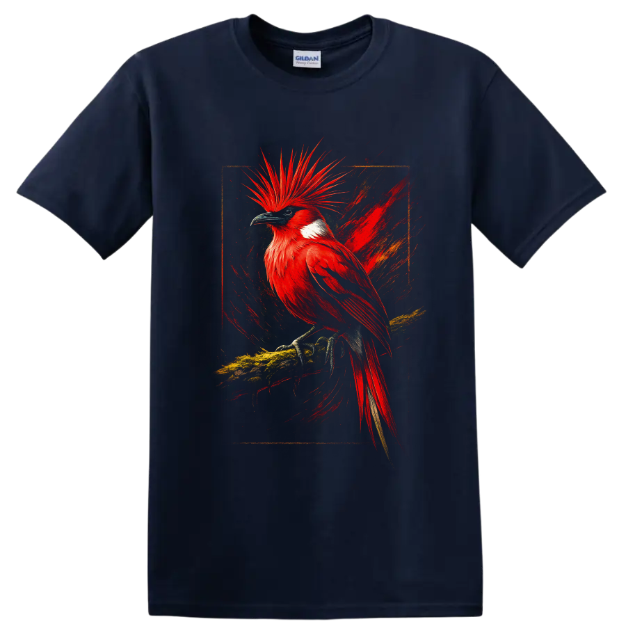 Red-crested cardinal in vivid painterly tropical wildlife art on a branch on a Navy (Blue) T Shirt