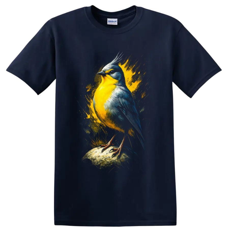 Colorful crested songbird in yellow and blue paint-splash wildlife art on a Navy (Blue) T Shirt
