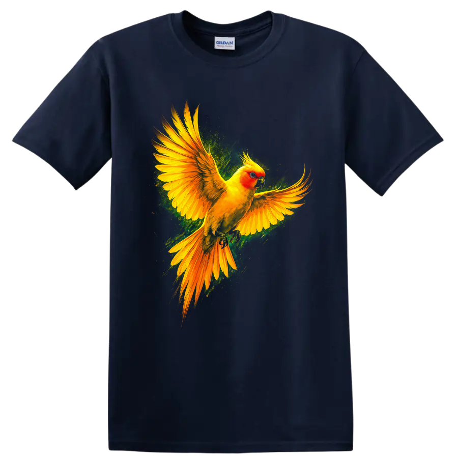 Sun conure parrot in flight with vivid tropical wildlife art on a Navy (Blue) T Shirt