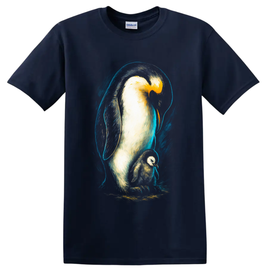 Painterly emperor penguin parent and chick in dramatic blue Antarctic brushstrokes on a Navy (Blue) T Shirt