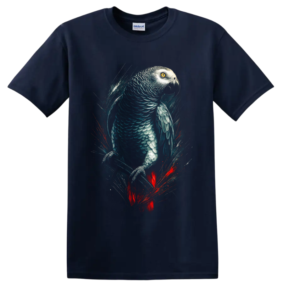 Realistic African grey parrot artwork with teal feathers, golden eye, and red tail on a Navy (Blue) T Shirt