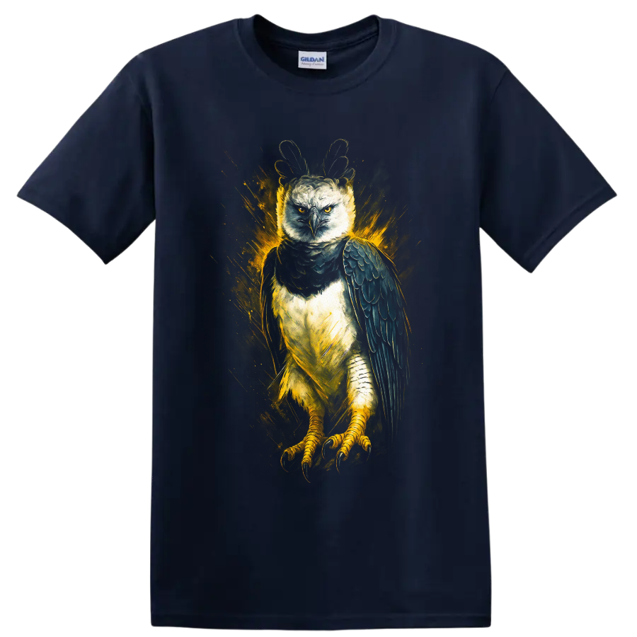 Harpy eagle with raised crest in dramatic golden splash wildlife art on a Navy (Blue) T Shirt