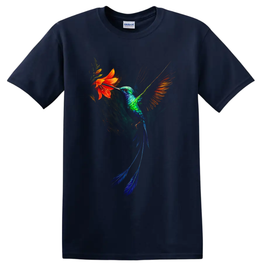 Vibrant painterly hummingbird hovering beside an orange flower on a Navy (Blue) T Shirt
