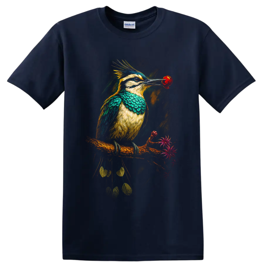 Vibrant modern kookaburra holding a red rose on a flowering branch on a Navy (Blue) T Shirt