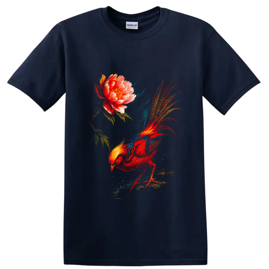 Painterly golden pheasant with long patterned tail beside a blooming peony on a Navy (Blue) T Shirt