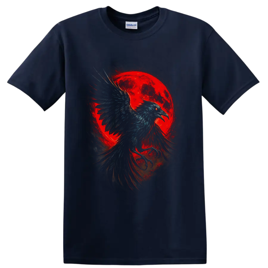 Gothic raven in flight before a glowing red moon with smoky painterly shadows on a Navy (Blue) T Shirt