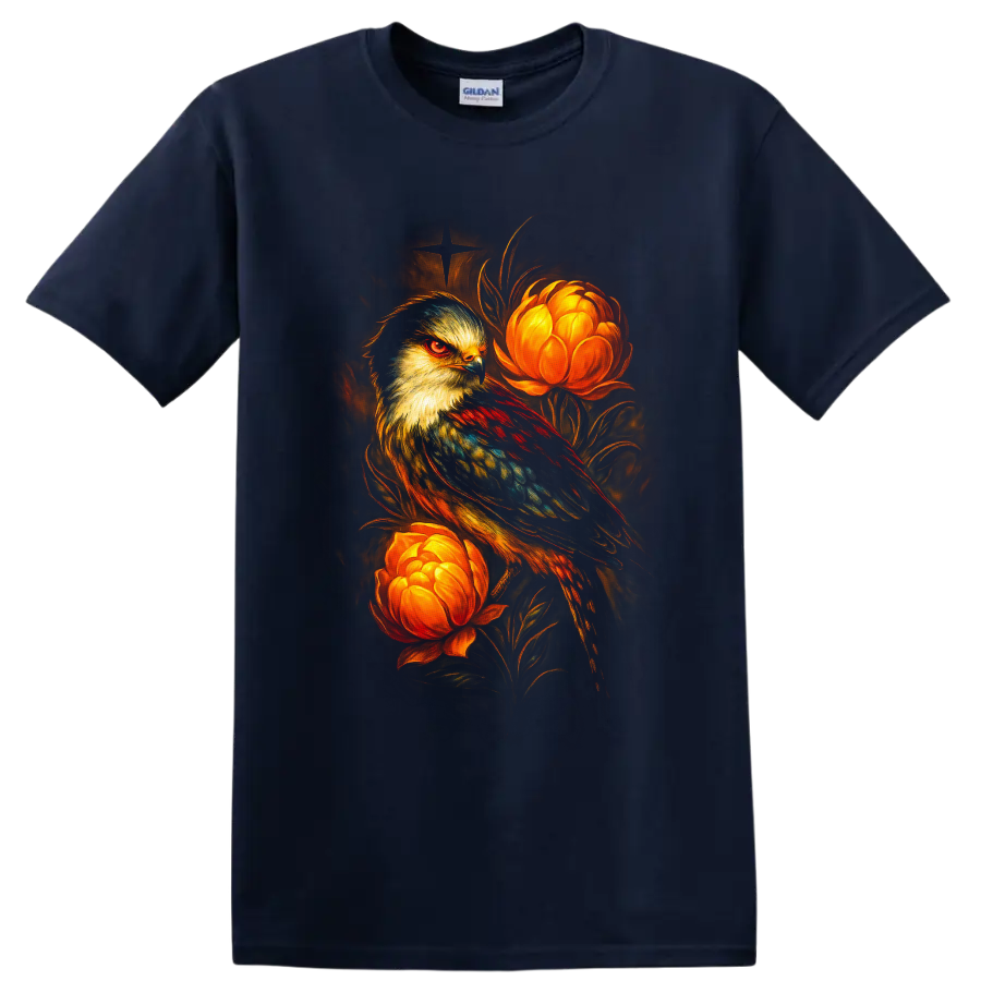 Stylized falcon with glowing orange flowers in dramatic painterly wildlife art on a Navy (Blue) T Shirt