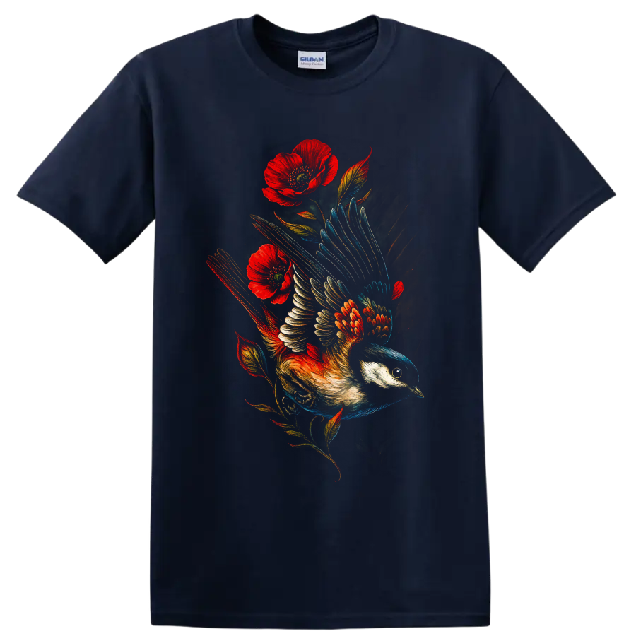 Black-capped chickadee in flight with red poppies in vivid painterly wildlife art on a Navy (Blue) T Shirt