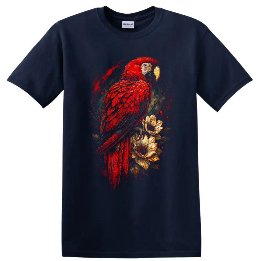 Scarlet macaw parrot with tropical flowers in vivid painterly bird art on a Navy (Blue) T Shirt