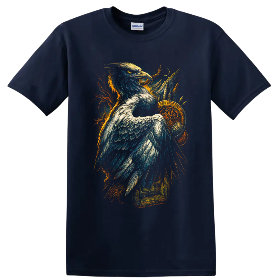 Bald eagle fantasy illustration with mountains, crescent moon, branches, and vintage book on a Navy (Blue) T Shirt