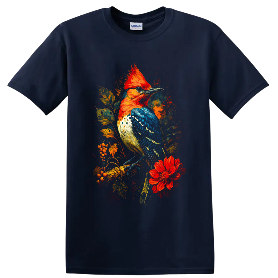 Crested woodpecker with autumn leaves, berries, and red flower in painterly art on a Navy (Blue) T Shirt