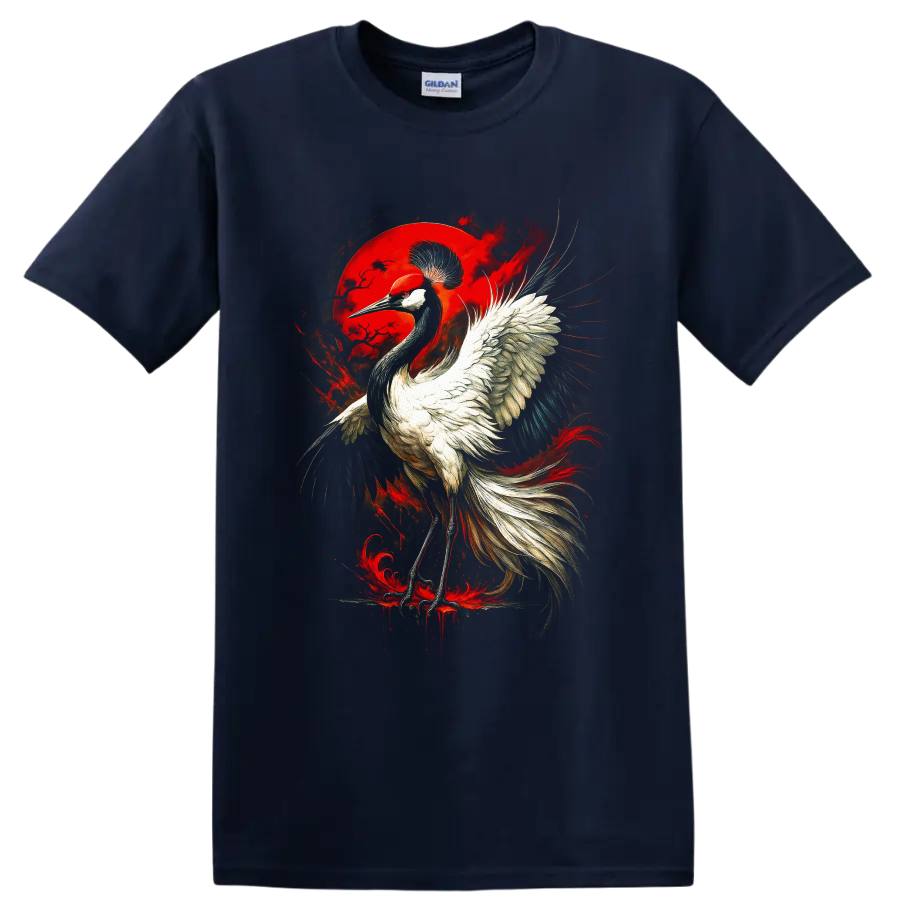 Red-crowned crane with sweeping wings before a crimson moon in gothic bird art on a Navy (Blue) T Shirt