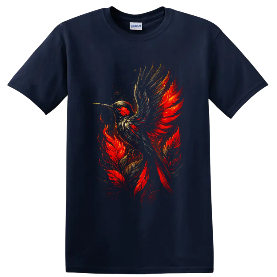 Fiery hummingbird in flight with red feathers and painterly gold wing details on a Navy (Blue) T Shirt