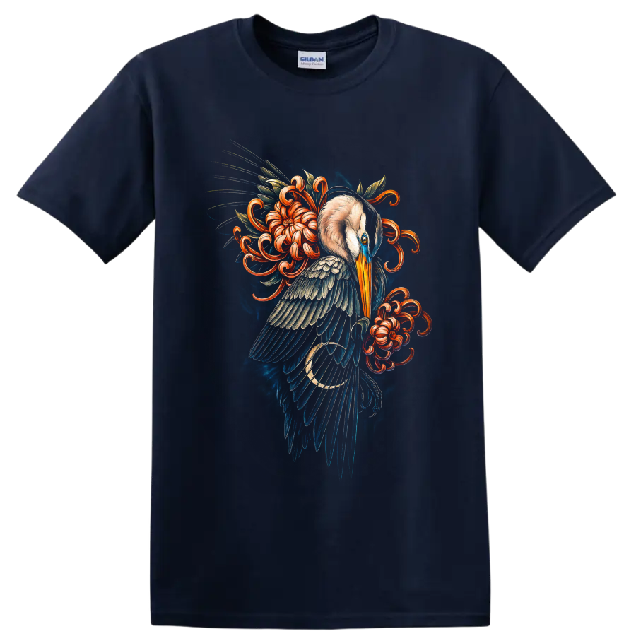 Japanese-inspired heron illustration with blue feathers and curling orange flowers on a Navy (Blue) T Shirt