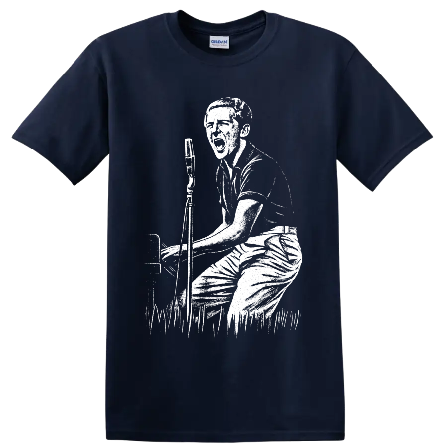 Jerry Lee Lewis black-and-white graphic of a pianist performing at a piano on a T - Navy (Blue)