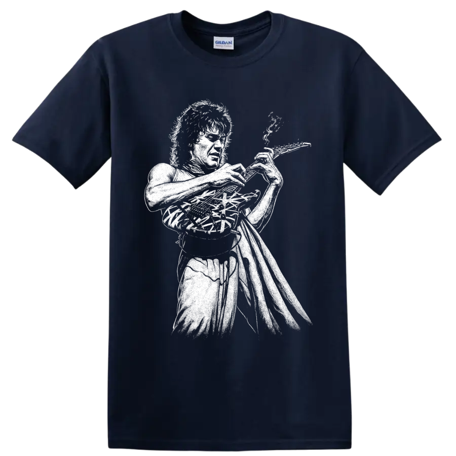 High-contrast Eddie Van Halen guitarist portrait graphic on a T shirt on a Navy (Blue) T Shirt