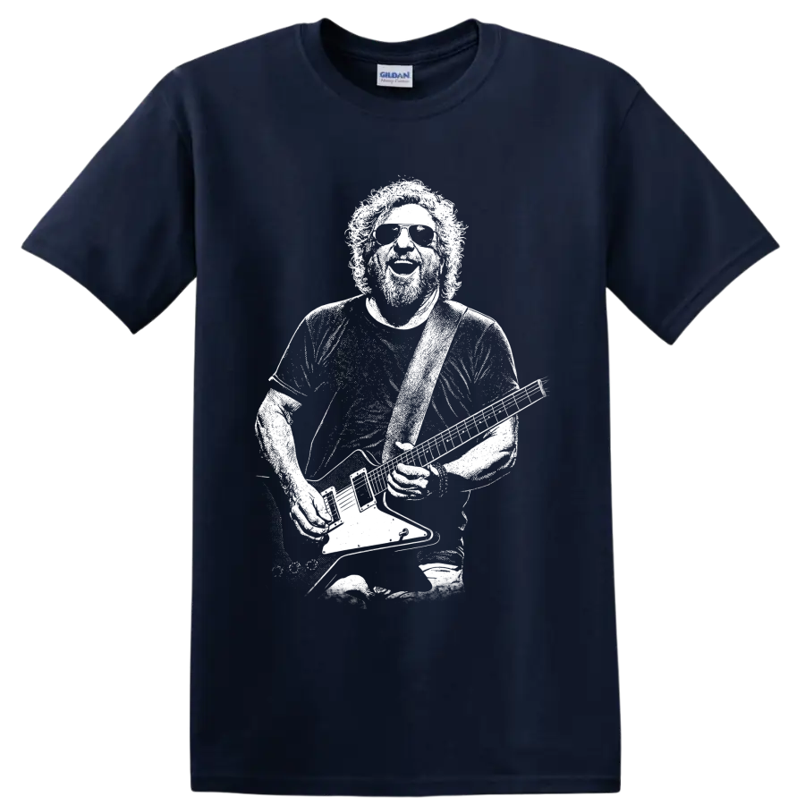 Sammy Hagar holding a guitar in a high-contrast pixelated portrait graphic T-shirt design on a Navy (Blue) T Shirt