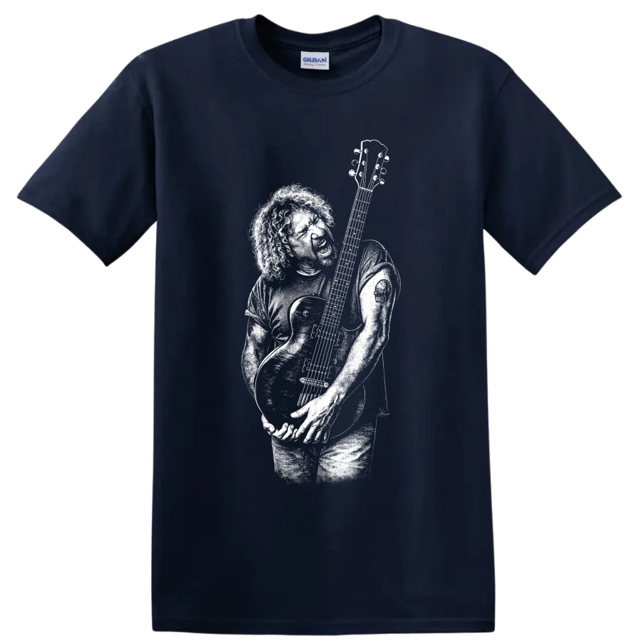 Jerry Garcia guitarist portrait graphic print T shirt design on a Navy (Blue) T Shirt